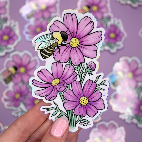 3 for $15 - Bee and Cosmos Flower Sticker - Waterproof Vinyl‎ & Holographic - Picture 2 of 2